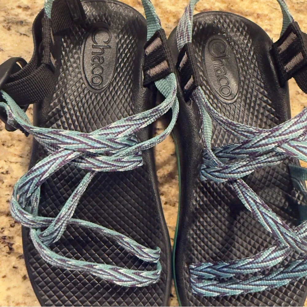 Chaco Strappy Sandals in Black with Teal and Blue Braided Straps